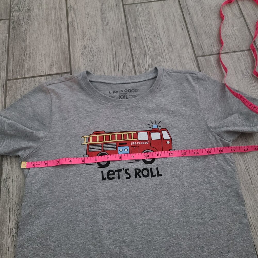 Life Is Good Kids Fire Truck “Let’s Roll” T-Shirt Gray XXL (14-16) - Picture 5 of 8